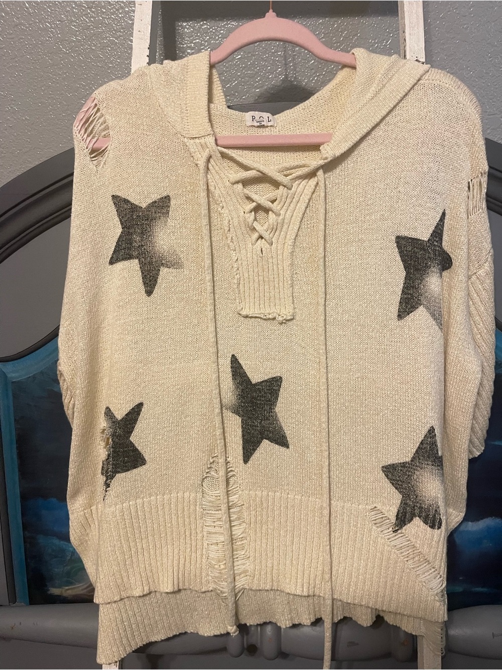POL Cream Lace-Up Hooded Sweater with Black Stars